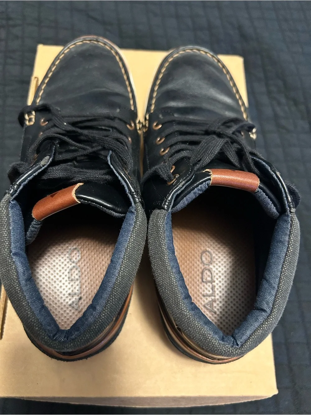 Aldo Black Leather Chukka Boots with Brown Heel Accent